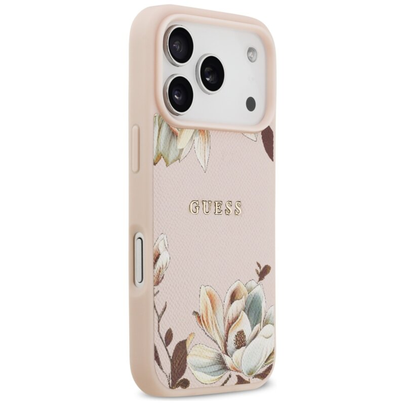 Husa iPhone 17 Pro Guess Grained Flowers MagSafe, roz, GUHMP17LPGNMPLMP