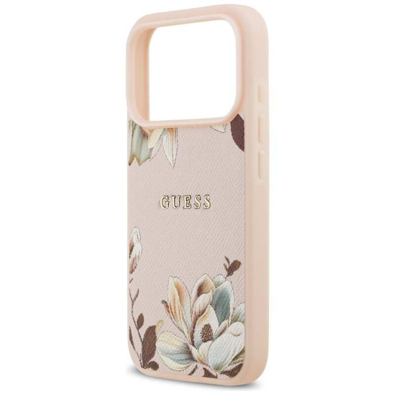 Husa iPhone 17 Pro Guess Grained Flowers MagSafe, roz, GUHMP17LPGNMPLMP