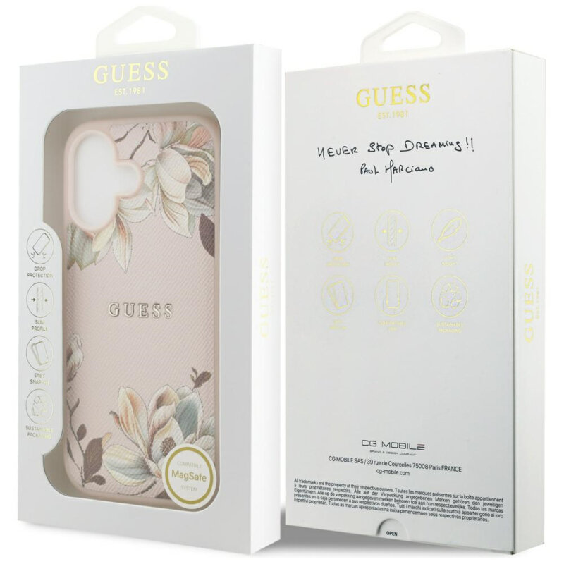 Husa iPhone 17 Guess Grained Flowers MagSafe, roz, GUHMP17SPGNMPLMP