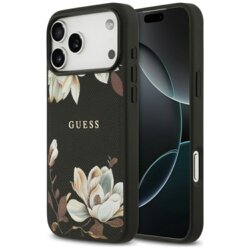Husa iPhone 17 Pro Max Guess Grained Flowers MagSafe, negru, GUHMP17XPGNMPLMK