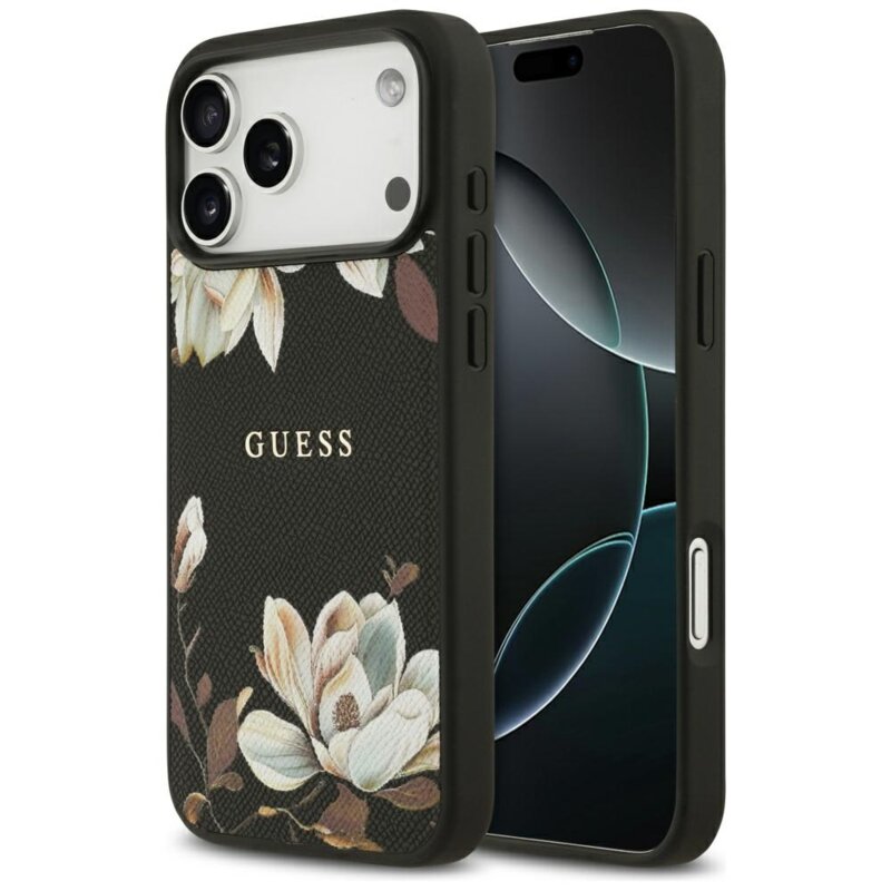 Husa iPhone 17 Pro Max Guess Grained Flowers MagSafe, negru, GUHMP17XPGNMPLMK