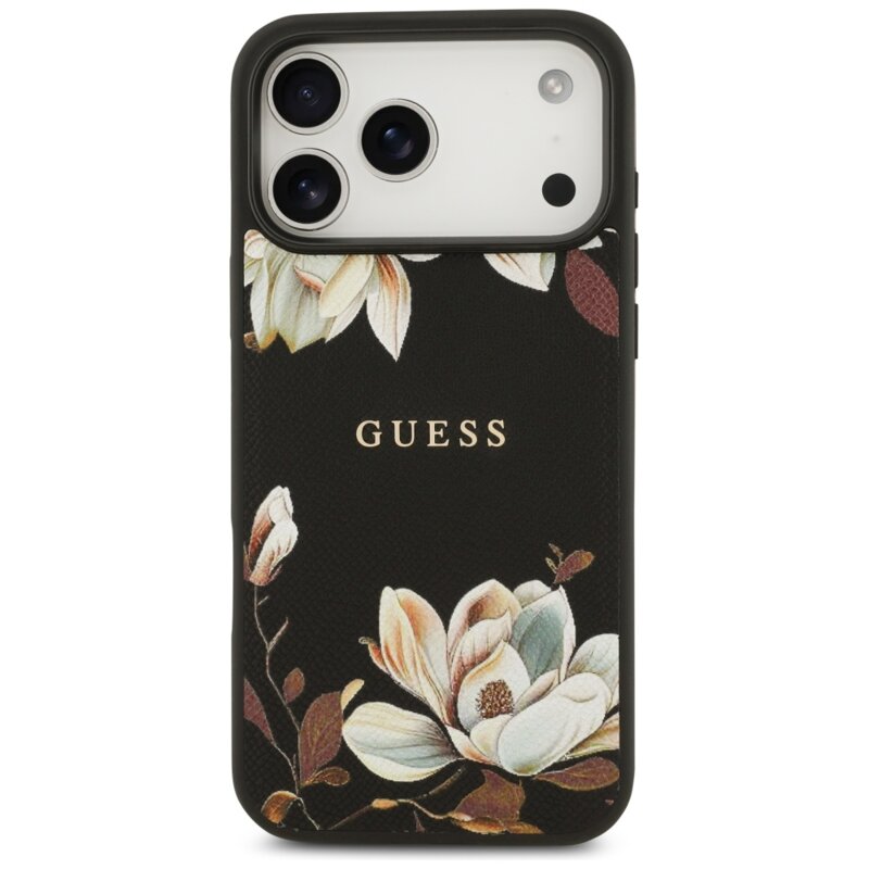 Husa iPhone 17 Pro Max Guess Grained Flowers MagSafe, negru, GUHMP17XPGNMPLMK