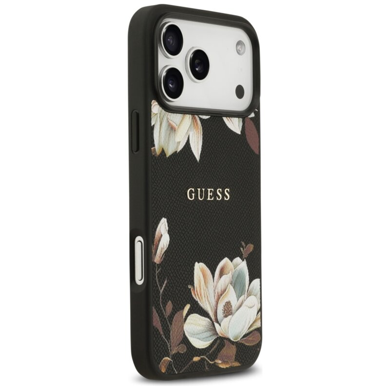 Husa iPhone 17 Pro Max Guess Grained Flowers MagSafe, negru, GUHMP17XPGNMPLMK