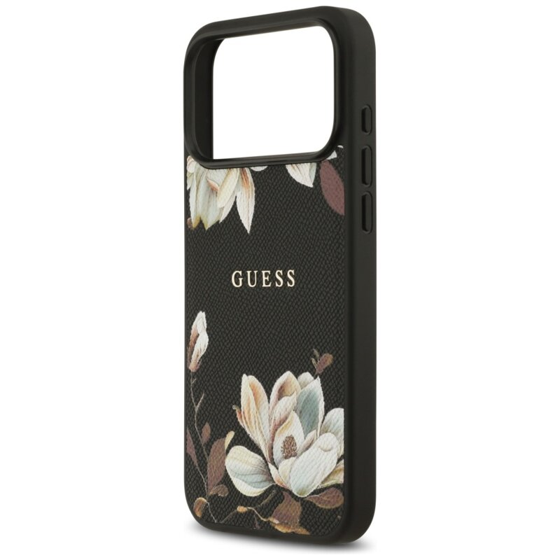 Husa iPhone 17 Pro Max Guess Grained Flowers MagSafe, negru, GUHMP17XPGNMPLMK