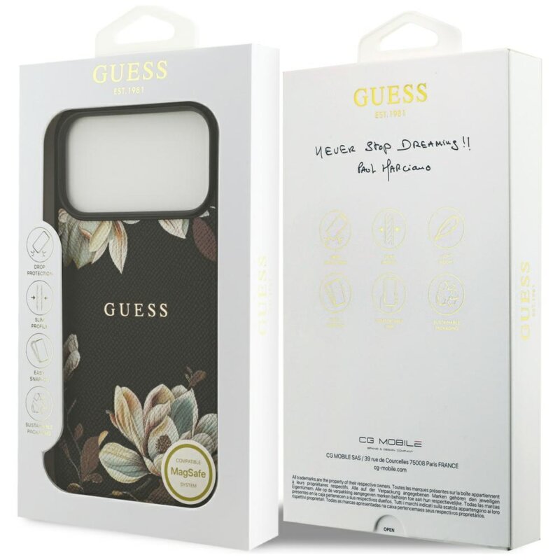 Husa iPhone 17 Pro Max Guess Grained Flowers MagSafe, negru, GUHMP17XPGNMPLMK