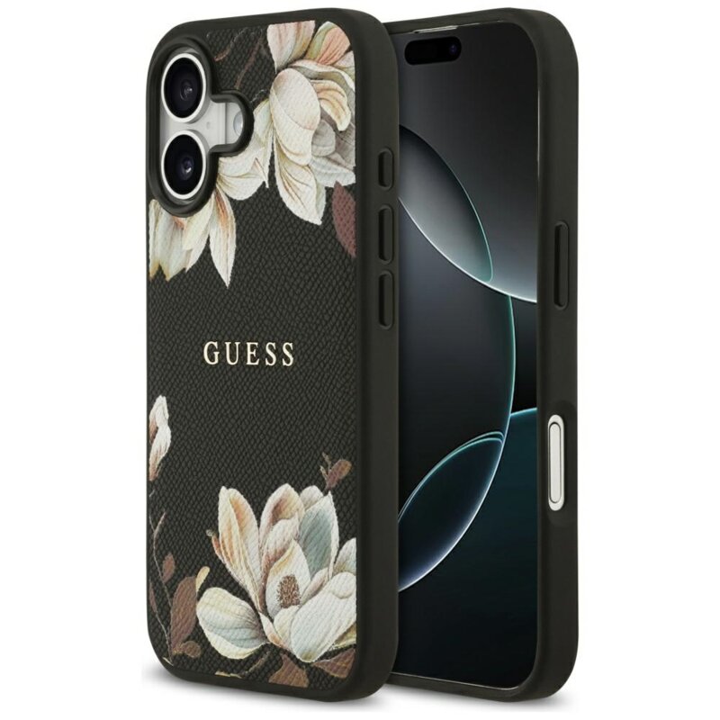 Husa iPhone 17 Guess Grained Flowers MagSafe, negru, GUHMP17SPGNMPLMK