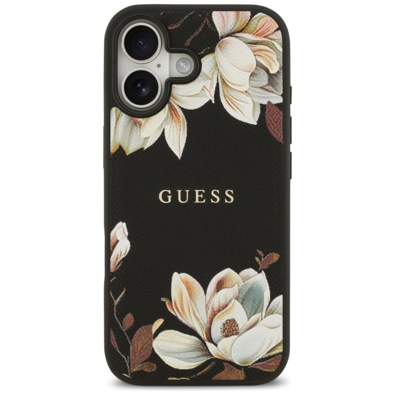 Husa iPhone 17 Guess Grained Flowers MagSafe, negru, GUHMP17SPGNMPLMK