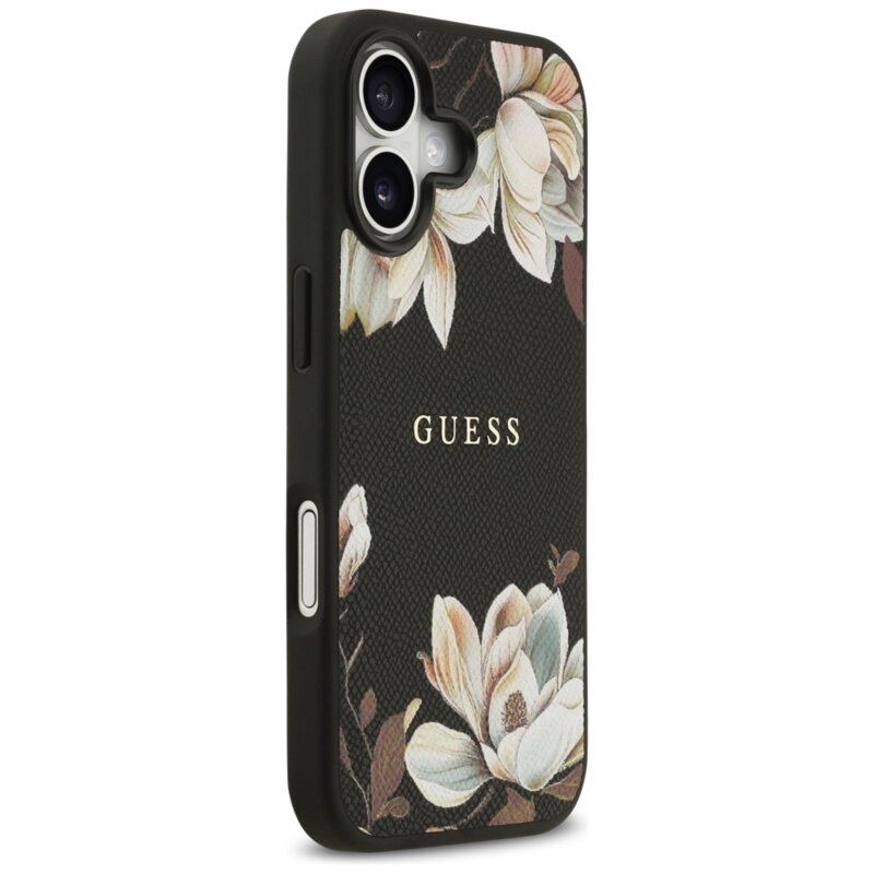 Husa iPhone 17 Guess Grained Flowers MagSafe, negru, GUHMP17SPGNMPLMK