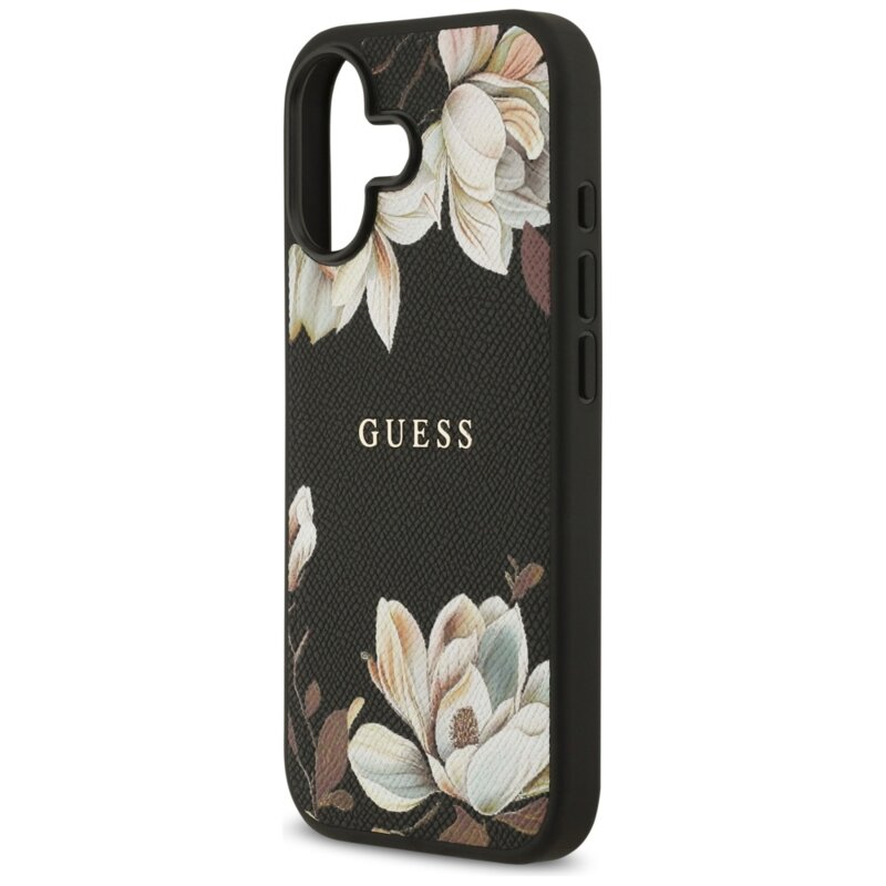 Husa iPhone 17 Guess Grained Flowers MagSafe, negru, GUHMP17SPGNMPLMK