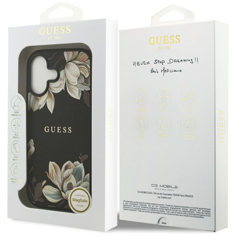 Husa iPhone 17 Guess Grained Flowers MagSafe, negru, GUHMP17SPGNMPLMK