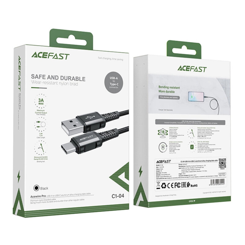 Cablu incarcare USB la tip C, 3A Acefast, C1-04, negru, 1.2m