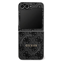 Husa Samsung Galaxy Z Flip7 Guess 4G Collection Leather MagSafe, negru, GUHMZF7P4MSEGCK