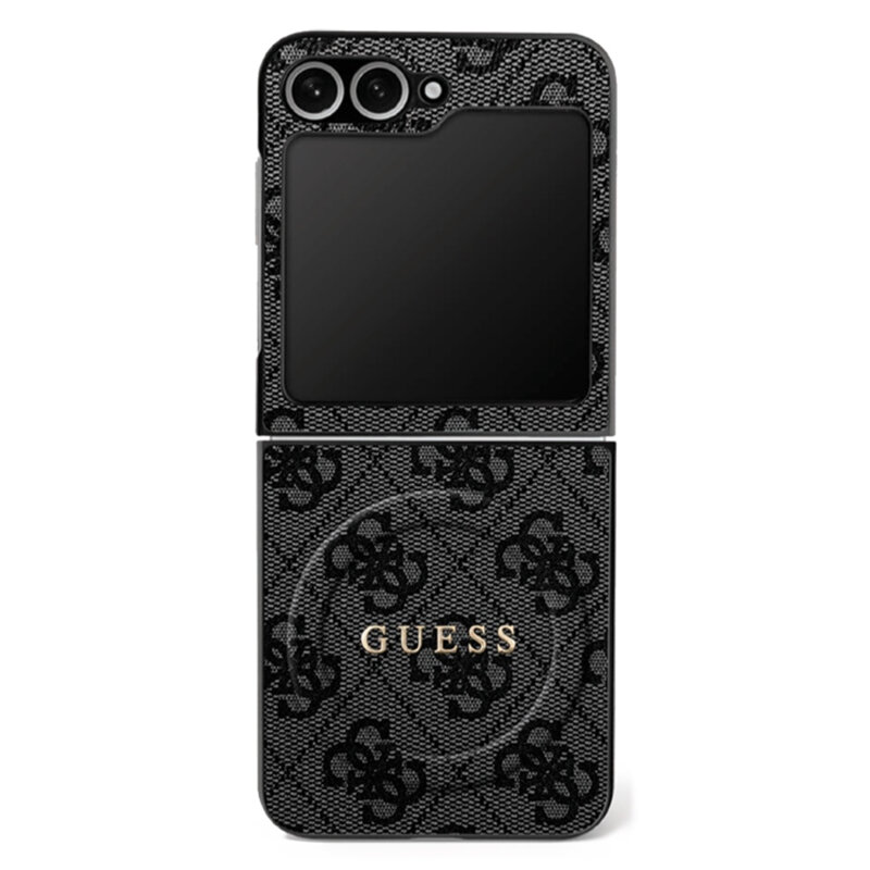 Husa Samsung Galaxy Z Flip7 Guess 4G Collection Leather MagSafe, negru, GUHMZF7P4MSEGCK
