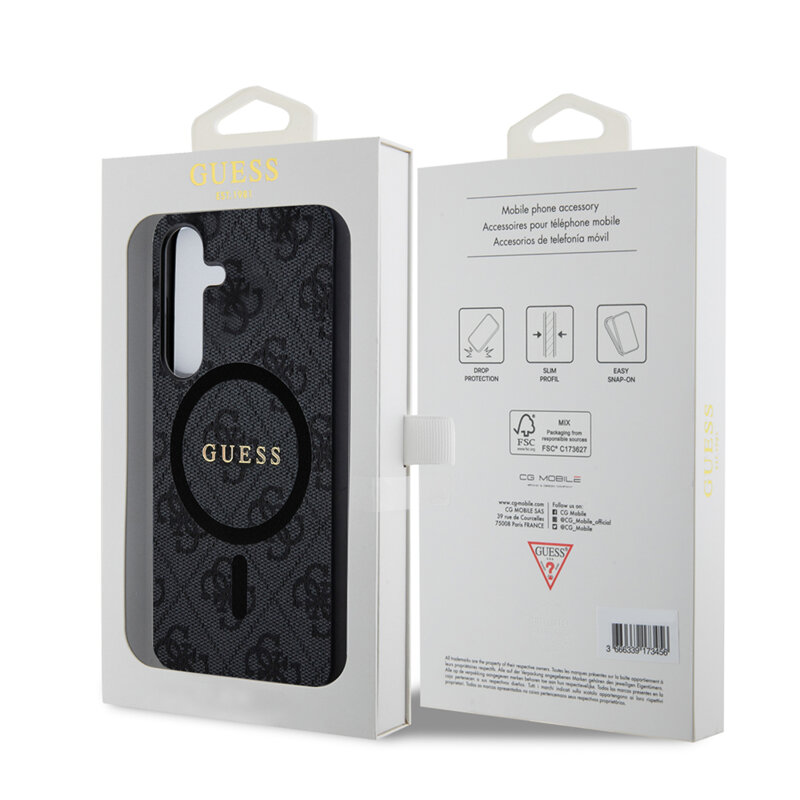 Husa Samsung Galaxy Z Flip7 Guess 4G Collection Leather MagSafe, negru, GUHMZF7P4MSEGCK