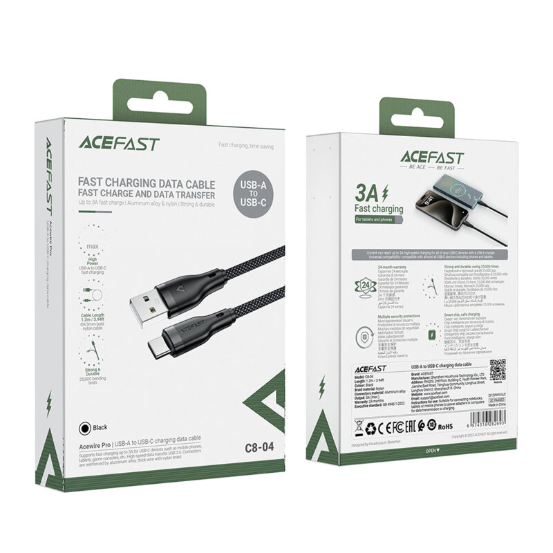 Cablu de date USB la tip C, 3A Acefast, C8-04, negru, 1.2m