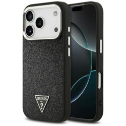 Husa Guess Glitter Triangle Logo MagSafe iPhone 17 Pro cu sclipici, negru, GUHMP17LPFGTSCMK