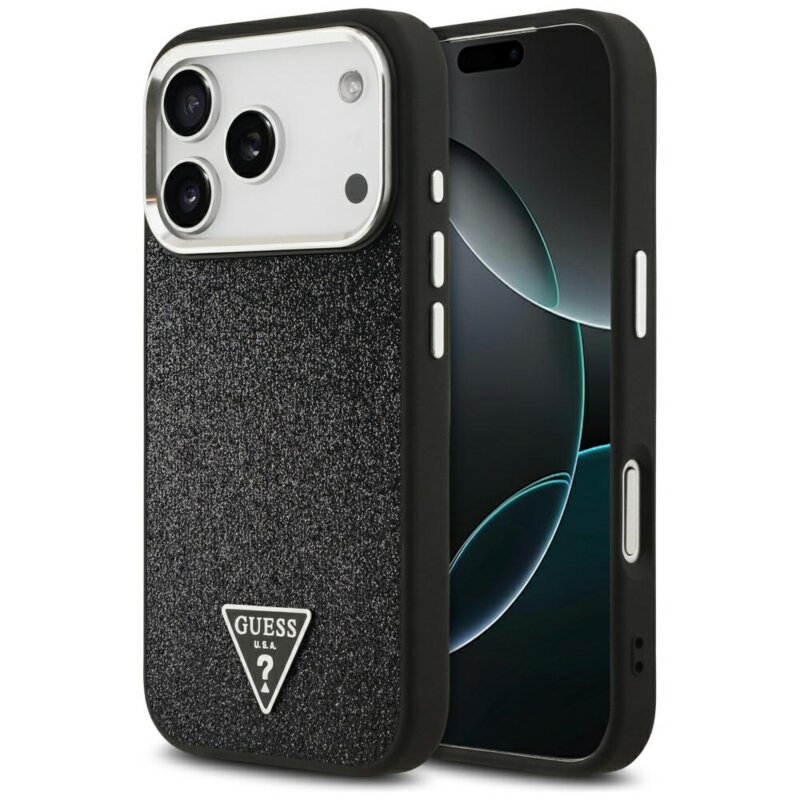 Husa Guess Glitter Triangle Logo MagSafe iPhone 17 Pro cu sclipici, negru, GUHMP17LPFGTSCMK