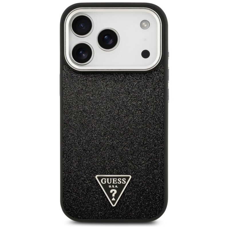 Husa Guess Glitter Triangle Logo MagSafe iPhone 17 Pro cu sclipici, negru, GUHMP17LPFGTSCMK
