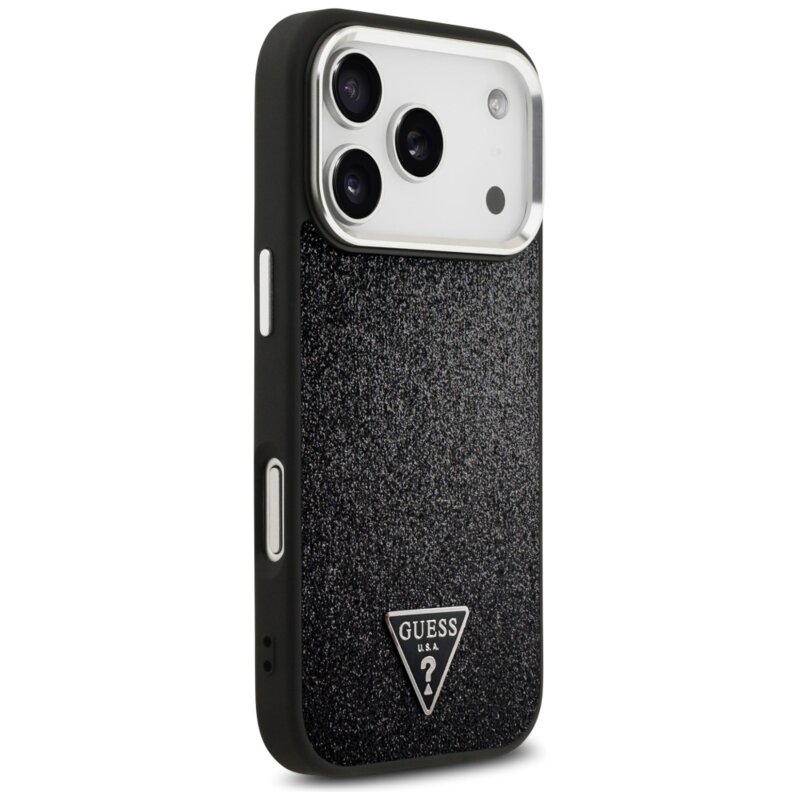 Husa Guess Glitter Triangle Logo MagSafe iPhone 17 Pro cu sclipici, negru, GUHMP17LPFGTSCMK