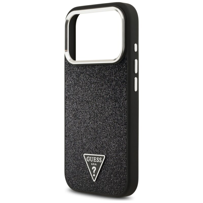 Husa Guess Glitter Triangle Logo MagSafe iPhone 17 Pro cu sclipici, negru, GUHMP17LPFGTSCMK