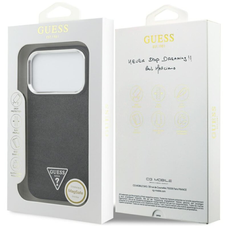 Husa Guess Glitter Triangle Logo MagSafe iPhone 17 Pro cu sclipici, negru, GUHMP17LPFGTSCMK