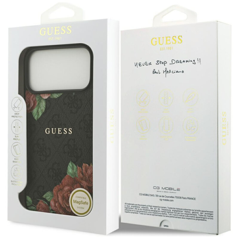 Husa originala Guess iPhone 17 Pro Hardcase 4G Flowers Print MagSafe, negru, GUHMP17LP4ROPEMCK