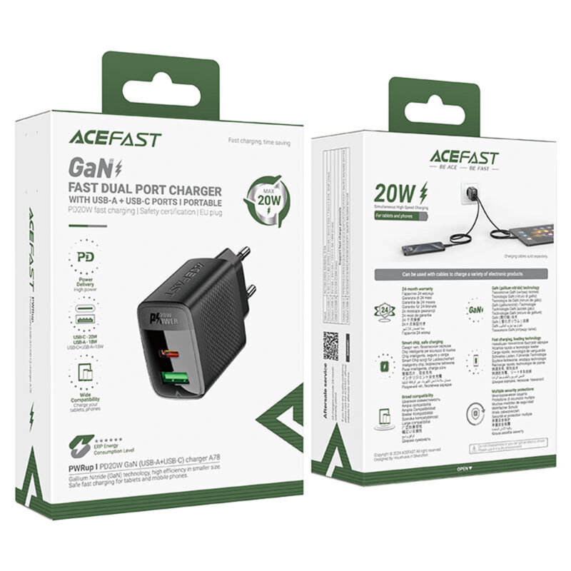Incarcator priza USB, tip C, GaN Acefast, A78, PD20W, negru