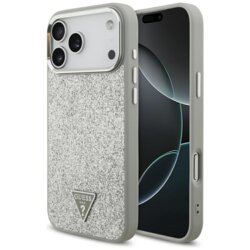 Husa Guess Glitter Triangle Logo MagSafe iPhone 17 Pro Max cu sclipici, argintiu, GUHMP17XPFGTSCMS