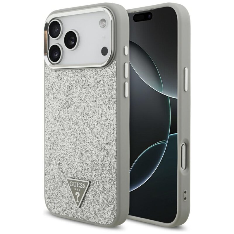 Husa Guess Glitter Triangle Logo MagSafe iPhone 17 Pro Max cu sclipici, argintiu, GUHMP17XPFGTSCMS