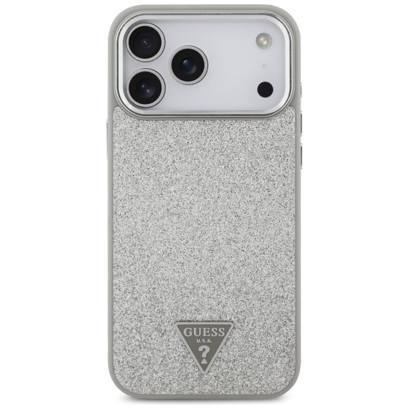 Husa Guess Glitter Triangle Logo MagSafe iPhone 17 Pro Max cu sclipici, argintiu, GUHMP17XPFGTSCMS