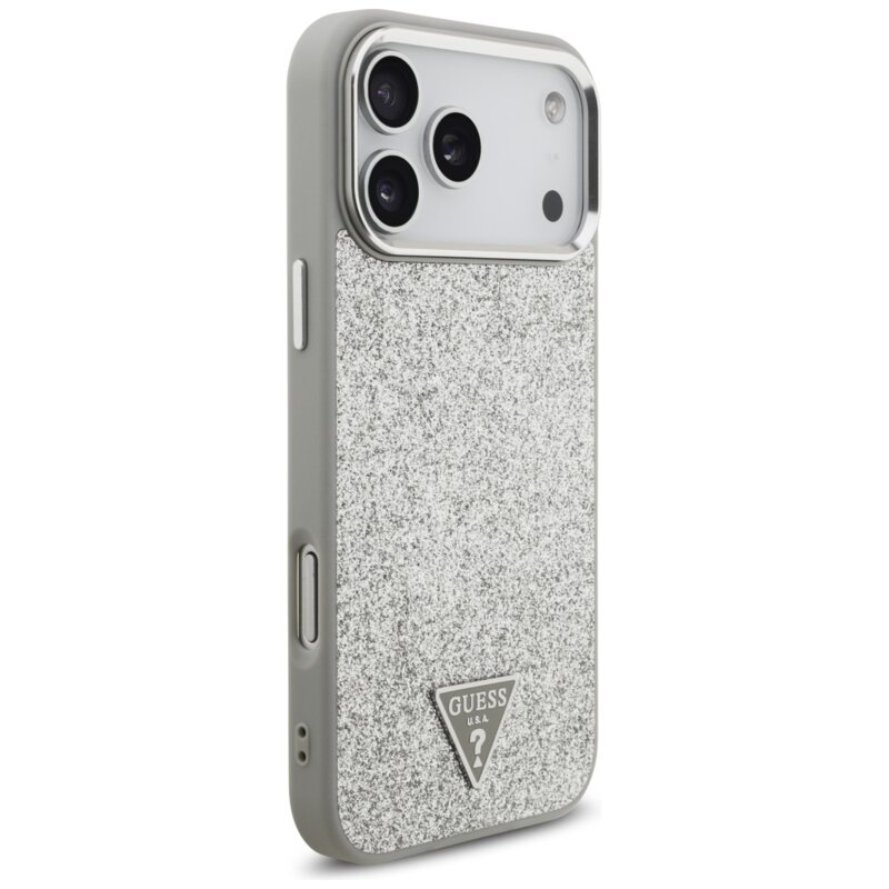 Husa Guess Glitter Triangle Logo MagSafe iPhone 17 Pro Max cu sclipici, argintiu, GUHMP17XPFGTSCMS