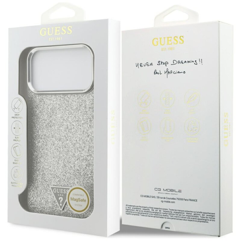 Husa Guess Glitter Triangle Logo MagSafe iPhone 17 Pro Max cu sclipici, argintiu, GUHMP17XPFGTSCMS