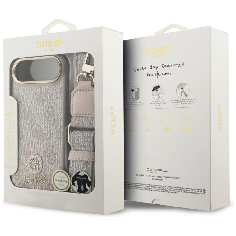 Husa originala Guess iPhone 17 Air Hardcase 4G Strass Logo & Big Strap, roz, GUHMP17MP4G4DCSP