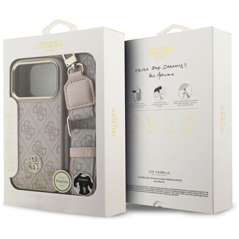 Husa originala Guess iPhone 17 Pro Hardcase 4G Strass Logo & Big Strap, roz, GUHMP17LP4G4DCSP