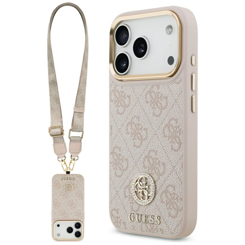 Husa originala Guess iPhone 17 Pro Max Hardcase 4G Strass Logo & Big Strap, roz, GUHMP17XP4G4DCSP