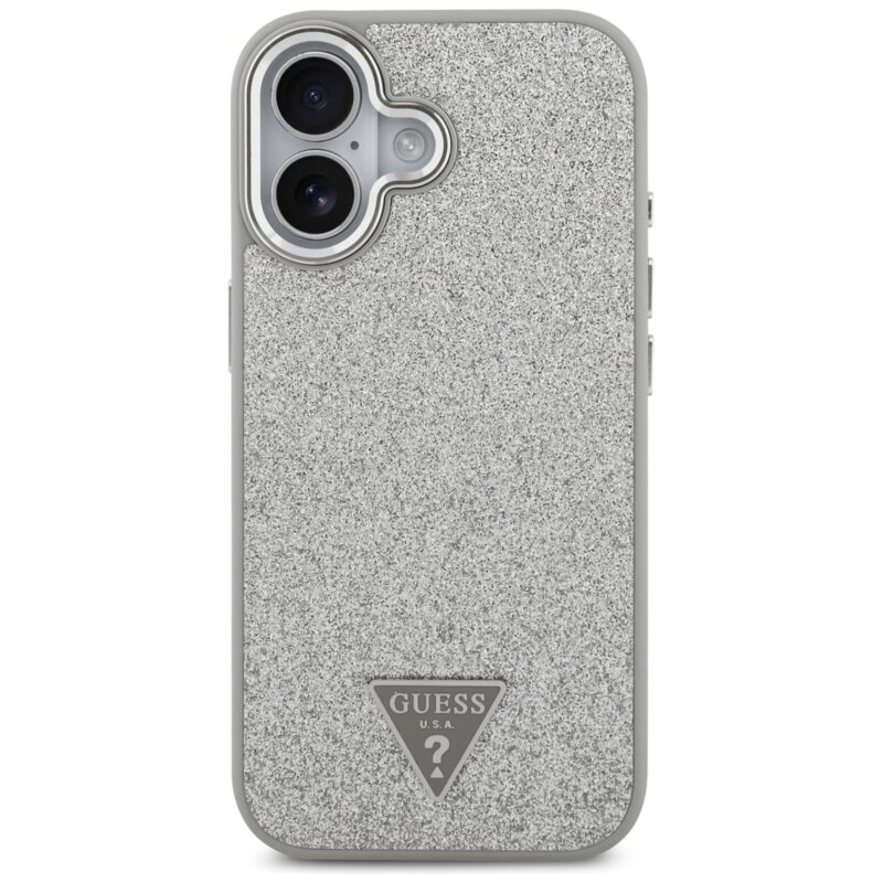 Husa Guess Glitter Triangle Logo MagSafe iPhone 17 cu sclipici, argintiu, GUHMP17SPFGTSCMS