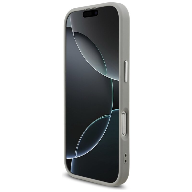 Husa Guess Glitter Triangle Logo MagSafe iPhone 17 cu sclipici, argintiu, GUHMP17SPFGTSCMS