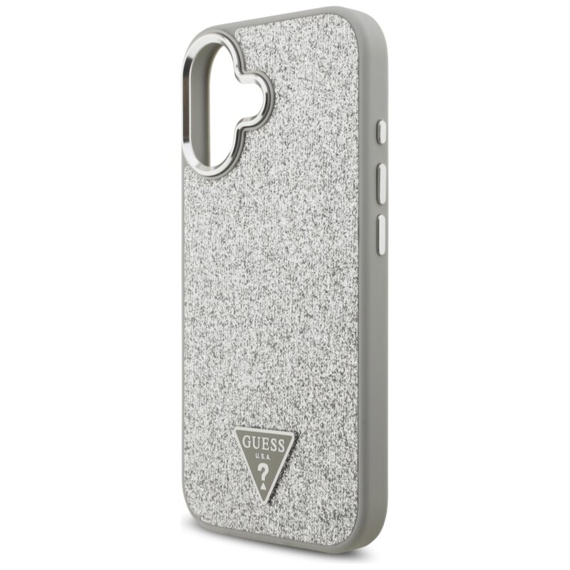 Husa Guess Glitter Triangle Logo MagSafe iPhone 17 cu sclipici, argintiu, GUHMP17SPFGTSCMS
