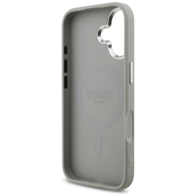 Husa Guess Glitter Triangle Logo MagSafe iPhone 17 cu sclipici, argintiu, GUHMP17SPFGTSCMS