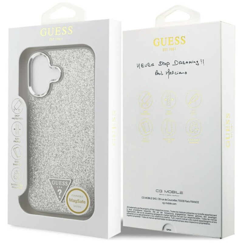 Husa Guess Glitter Triangle Logo MagSafe iPhone 17 cu sclipici, argintiu, GUHMP17SPFGTSCMS
