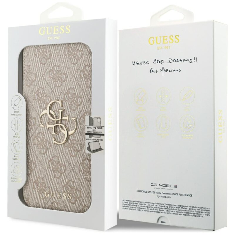 Husa tip carte iPhone 17 Pro Guess Book 4G Metal Logo, roz, GUBKP17L4GMGPI