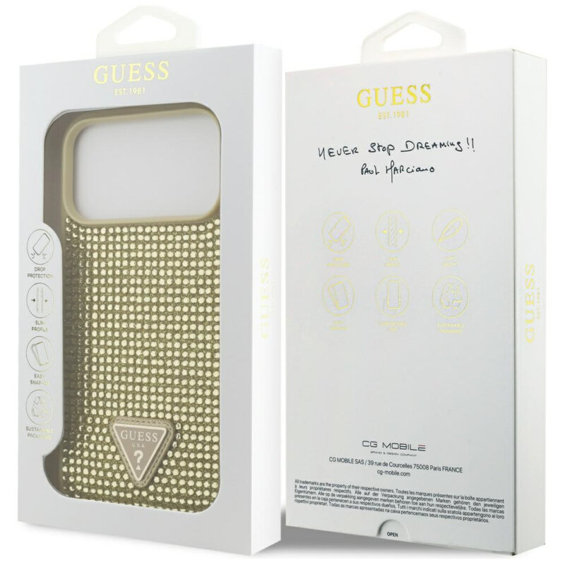 Husa originala Guess iPhone 17 Pro Max Rhinestone Triangle Logo, auriu, GUHCP17XHDGTPD