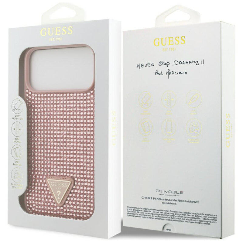 Husa originala Guess iPhone 17 Pro Rhinestone Triangle Logo, roz, GUHCP17LHDGTPP