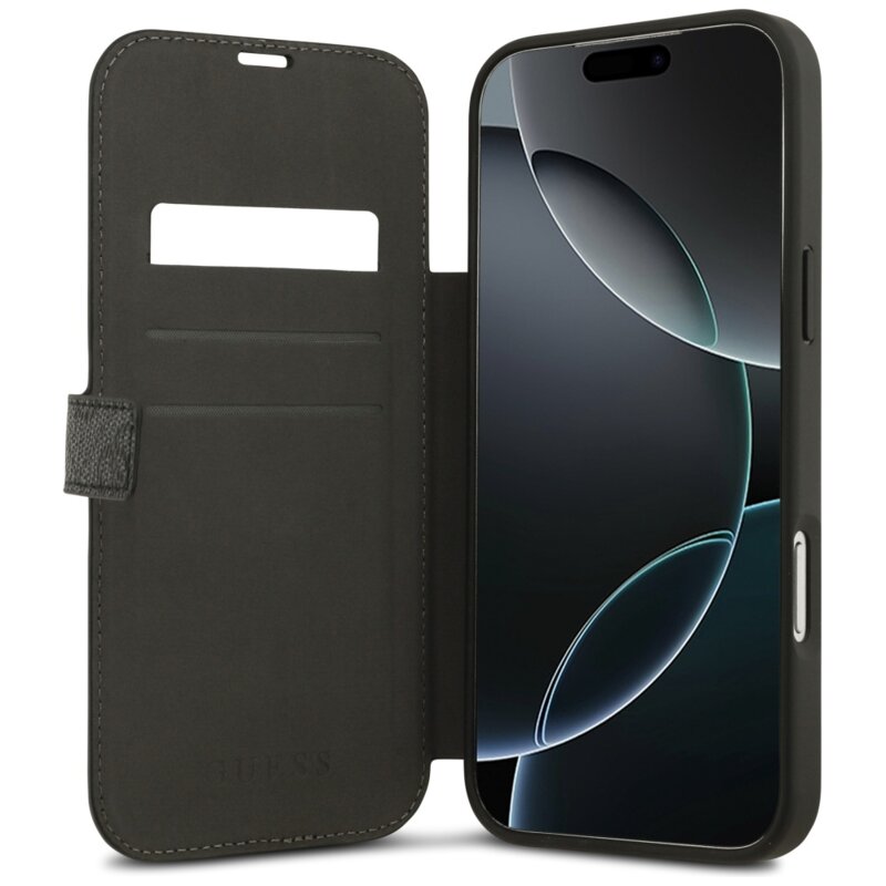Husa tip carte iPhone 17 Pro Max Guess Book 4G Metal Logo, negru, GUBKP17X4GMGGR