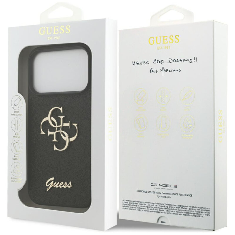 Husa Guess Fixed Glitter Big 4G iPhone 17 Pro cu sclipici, negru, GUHCP17LHG4SGK