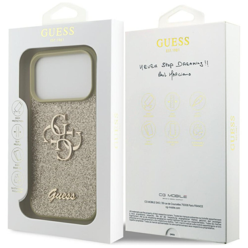 Husa Guess Fixed Glitter Big 4G iPhone 17 Pro cu sclipici, roz, GUHCP17LHG4SGP
