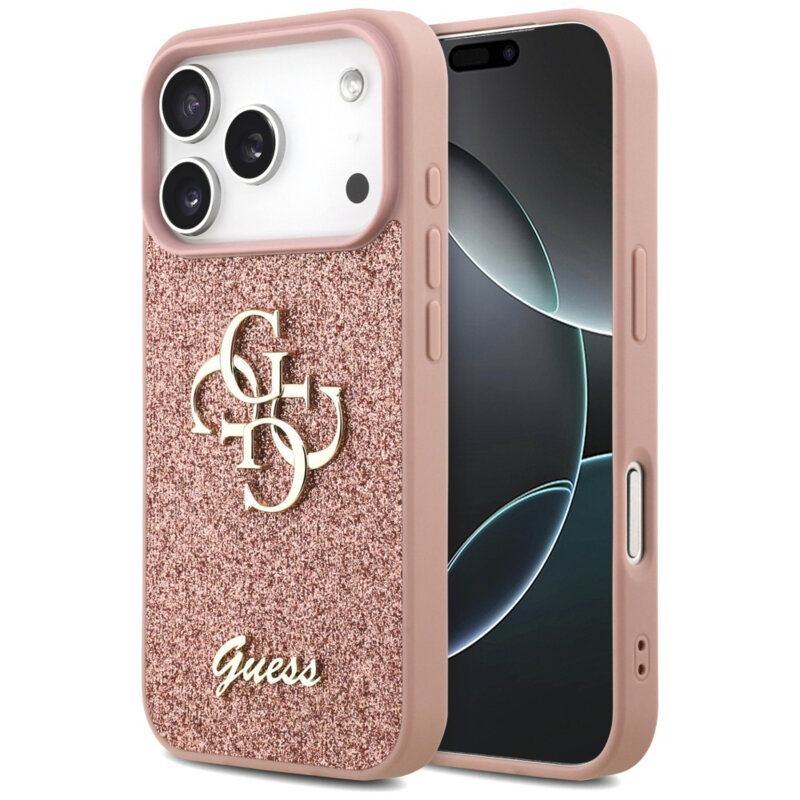 Husa Guess Fixed Glitter Big 4G iPhone 17 Pro Max cu sclipici, roz, GUHCP17XHG4SGP