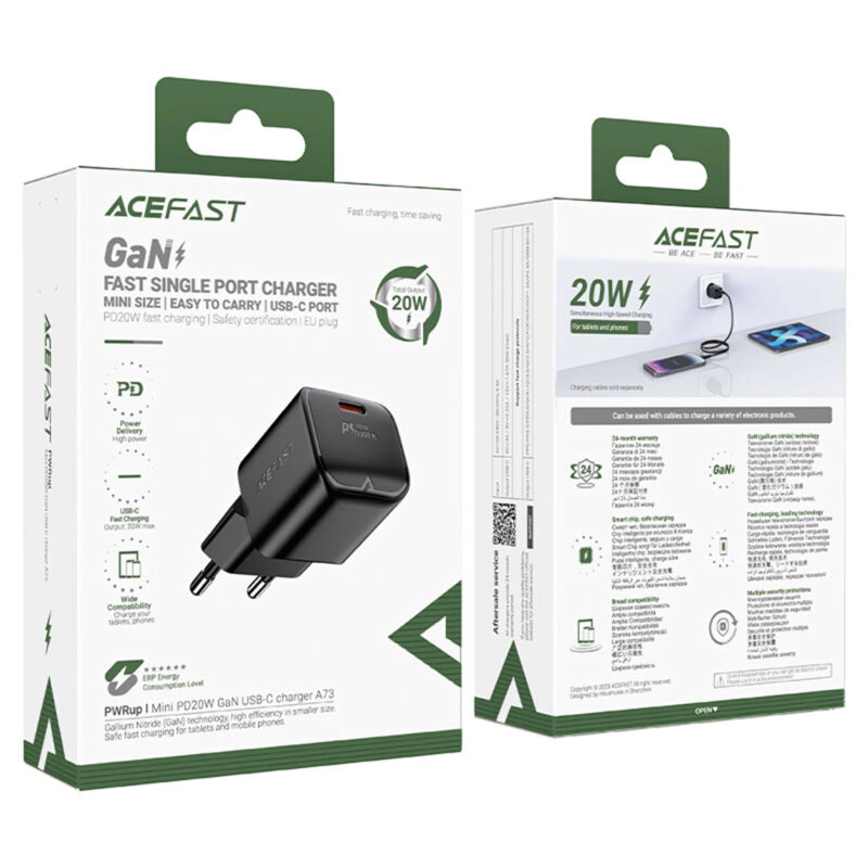 Incarcator Type-C PD20W GaN + cablu USB-C, Acefast A73, negru