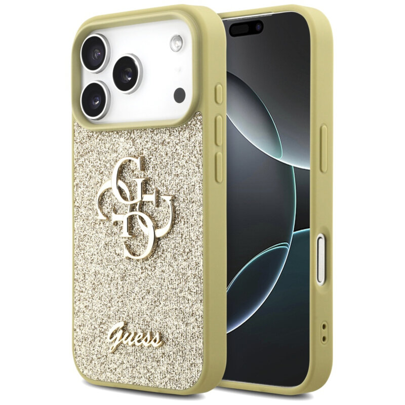 Husa Guess Fixed Glitter Big 4G iPhone 17 Pro Max cu sclipici, auriu, GUHCP17XHG4SGD