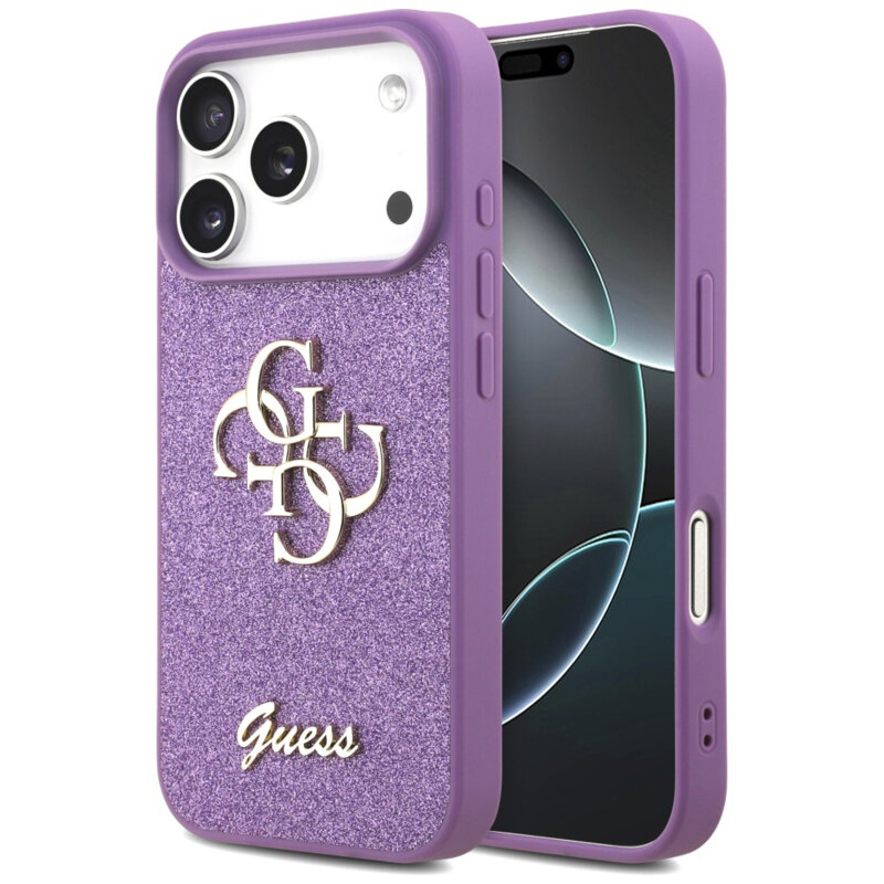 Husa Guess Fixed Glitter Big 4G iPhone 17 Pro Max cu sclipici, violet, GUHCP17XHG4SGL